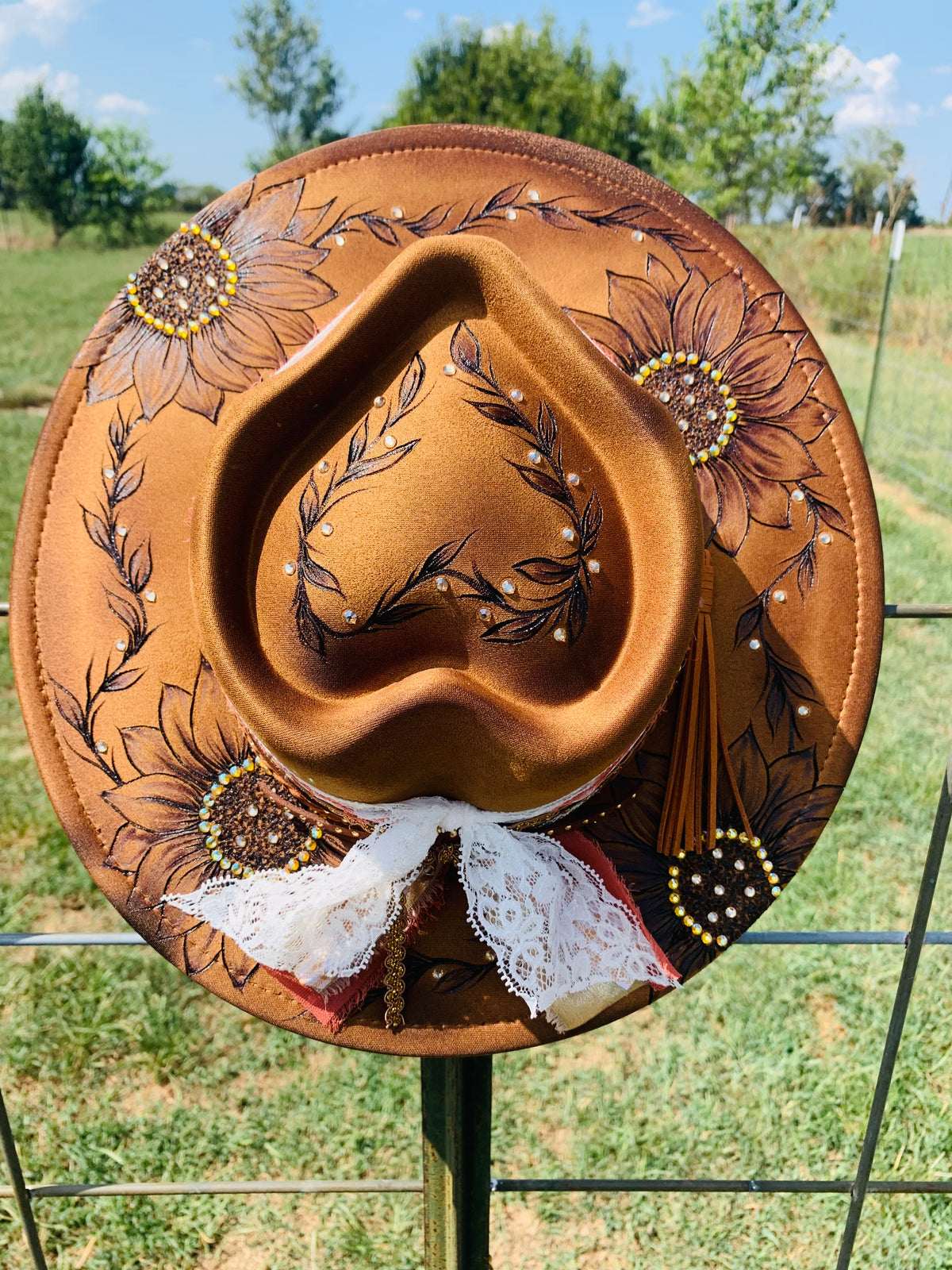 Hand Burned Youth Rancher Hat with a "Sunflower" Design