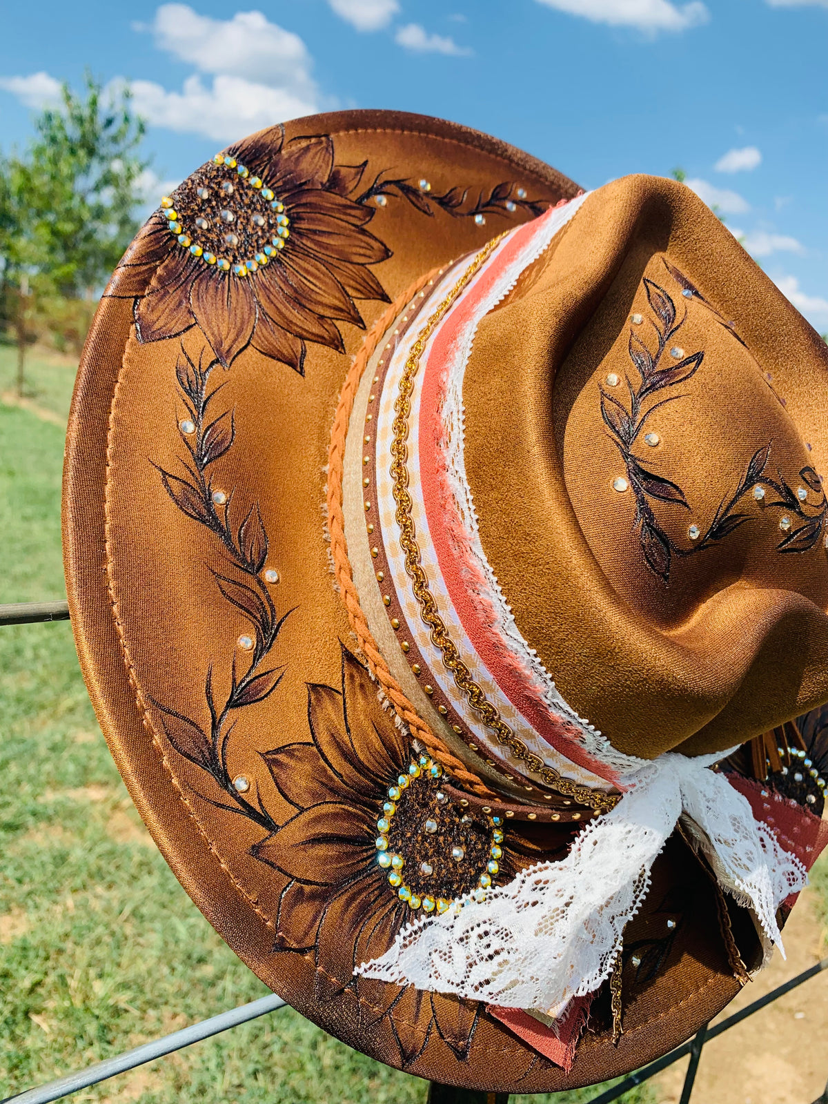 Hand Burned Youth Rancher Hat with a "Sunflower" Design