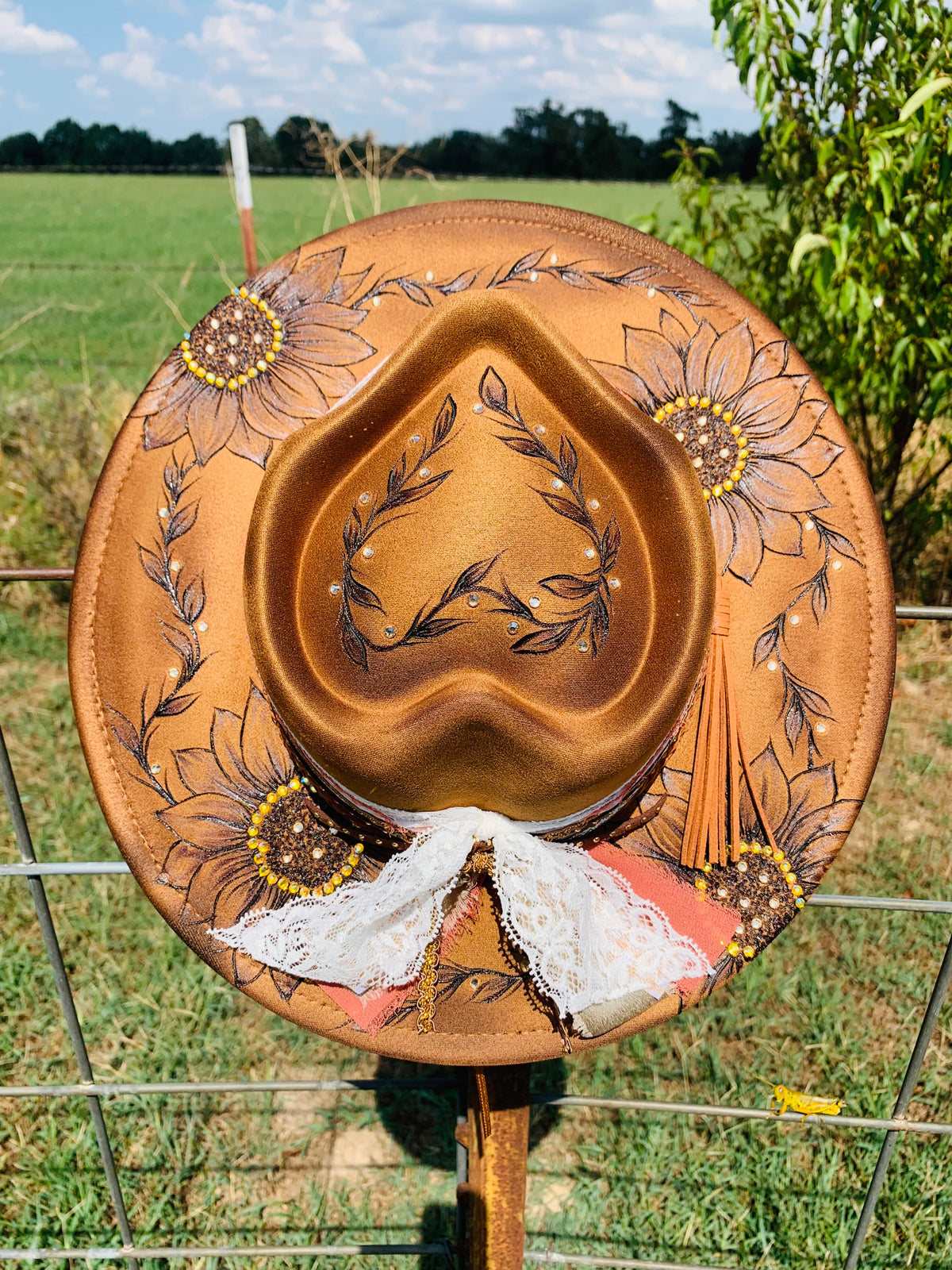 Hand Burned Youth Rancher Hat with a "Sunflower" Design