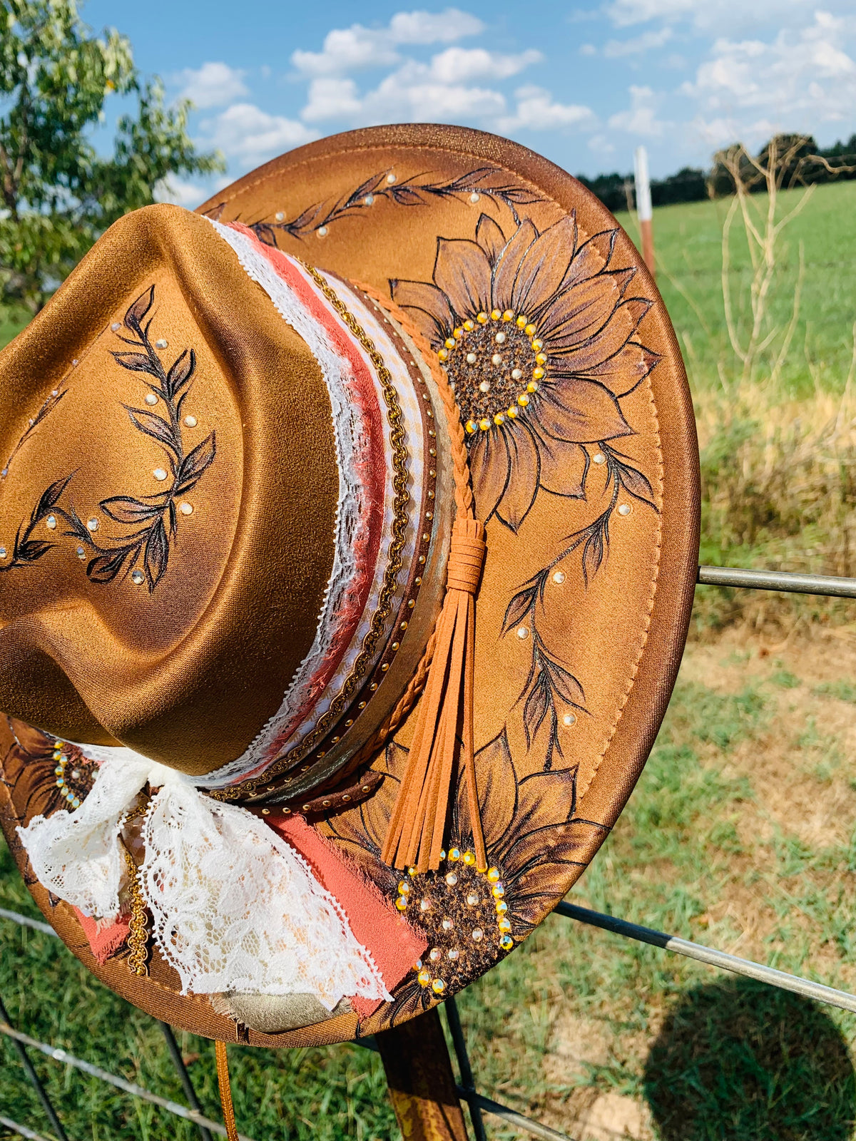 Hand Burned Youth Rancher Hat with a "Sunflower" Design
