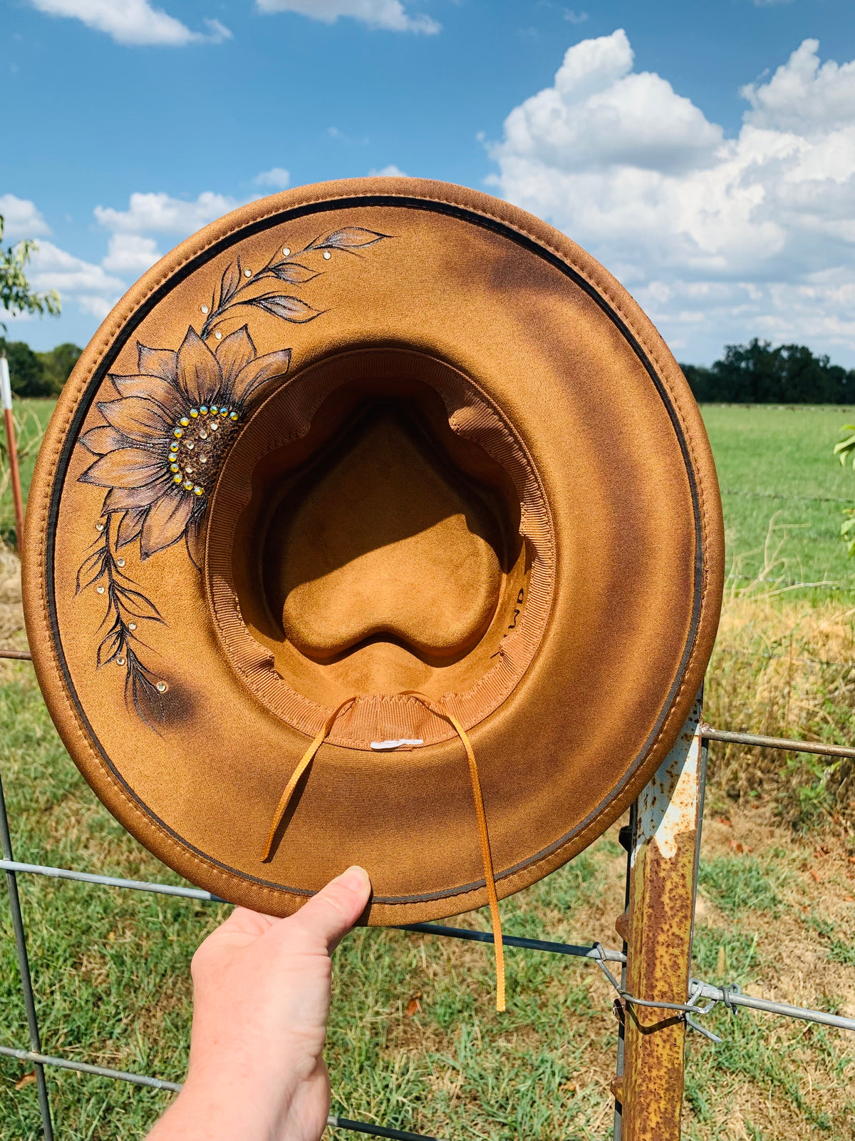 Hand Burned Youth Rancher Hat with a "Sunflower" Design