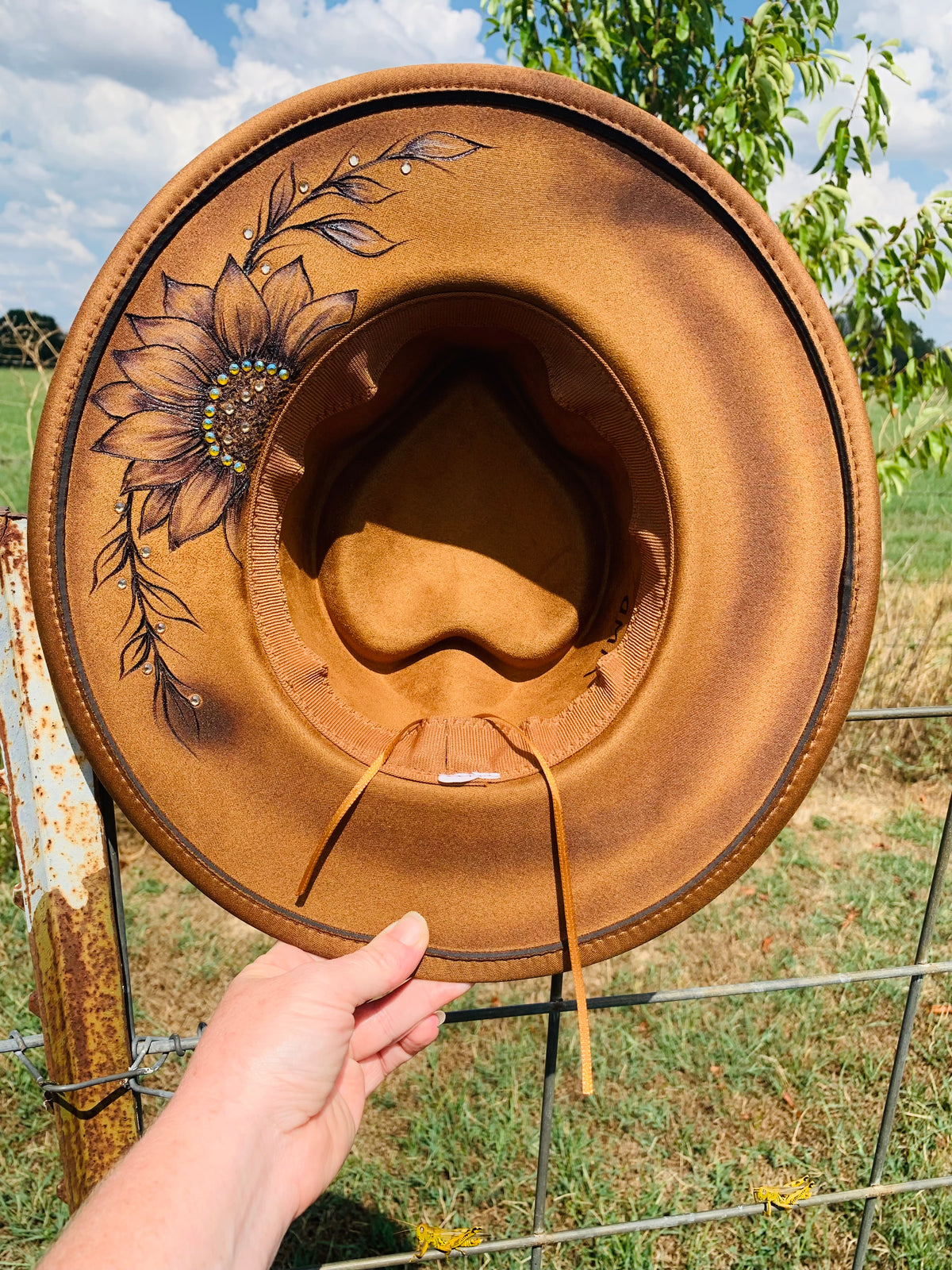 Hand Burned Youth Rancher Hat with a "Sunflower" Design