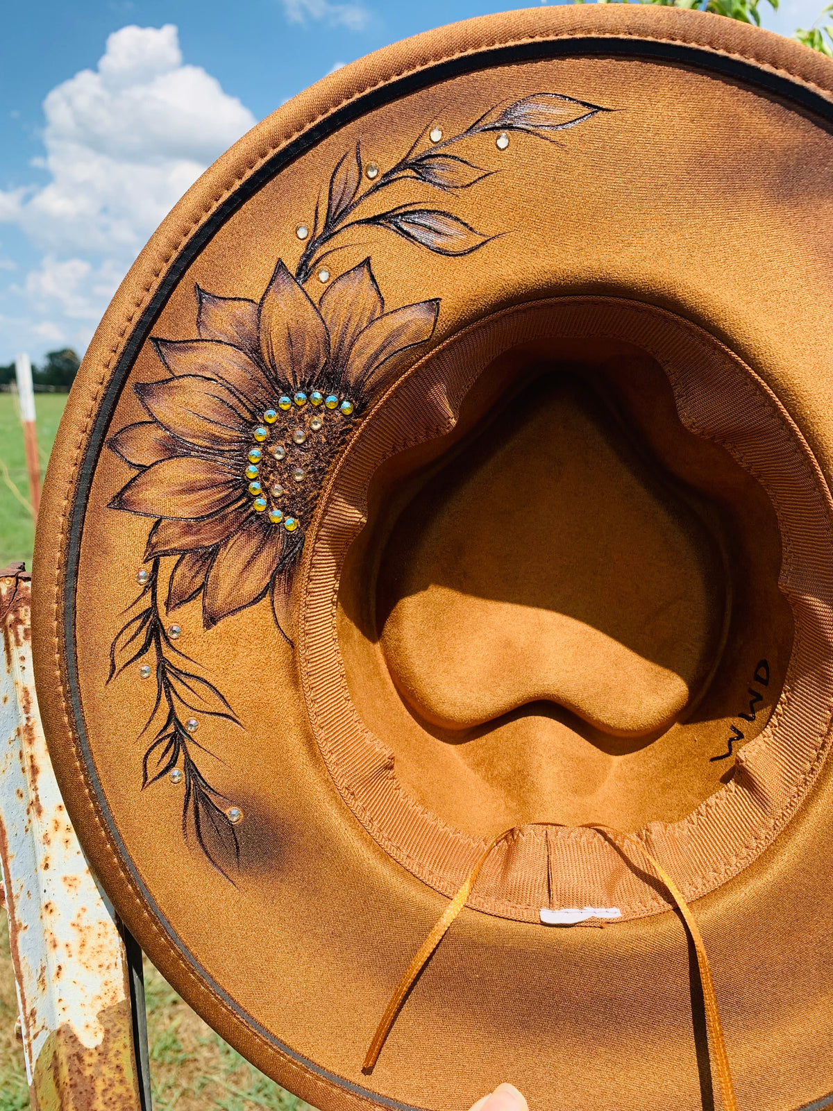 Hand Burned Youth Rancher Hat with a "Sunflower" Design
