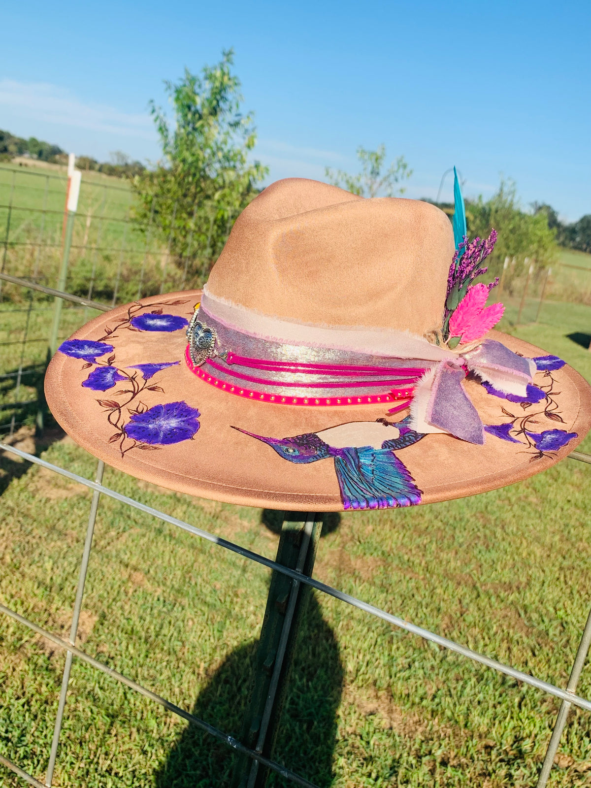 Hand Burned/Hand Painted Rancher Hat "Hummingbirds and Hibiscus" Design