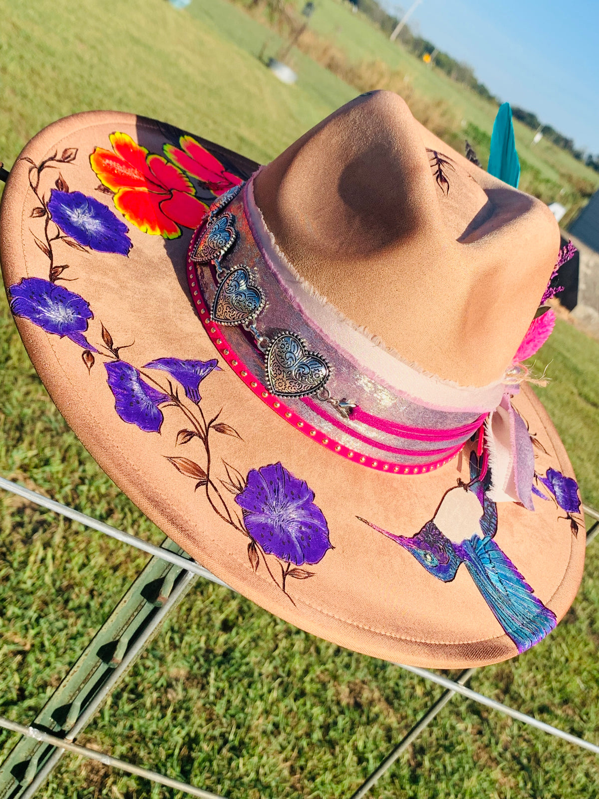 Hand Burned/Hand Painted Rancher Hat "Hummingbirds and Hibiscus" Design