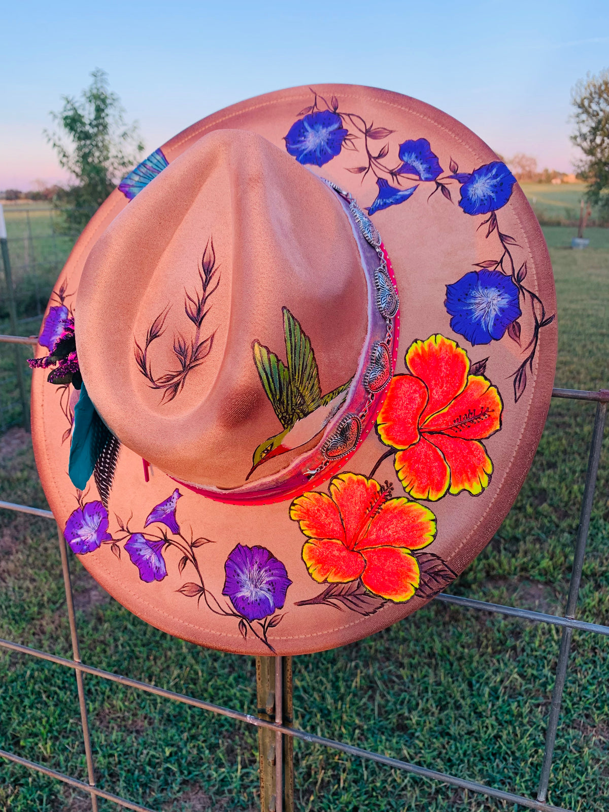 Hand Burned/Hand Painted Rancher Hat "Hummingbirds and Hibiscus" Design