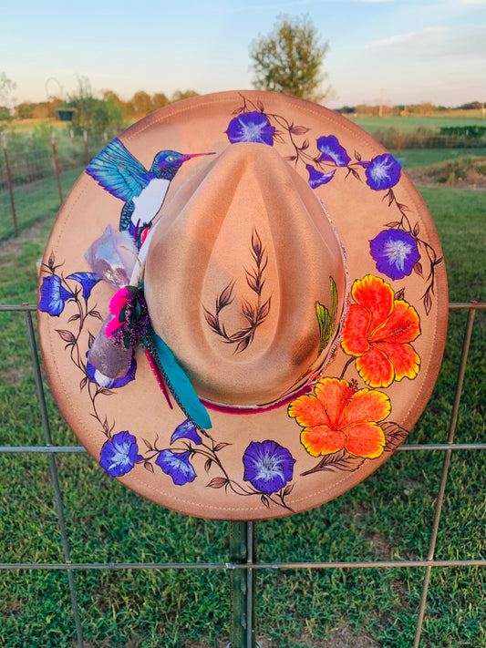 Hand Burned/Hand Painted Rancher Hat "Hummingbirds and Hibiscus" Design