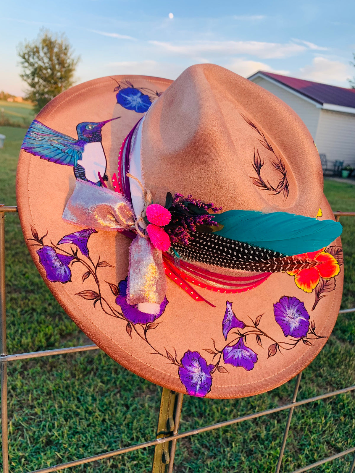 Hand Burned/Hand Painted Rancher Hat "Hummingbirds and Hibiscus" Design