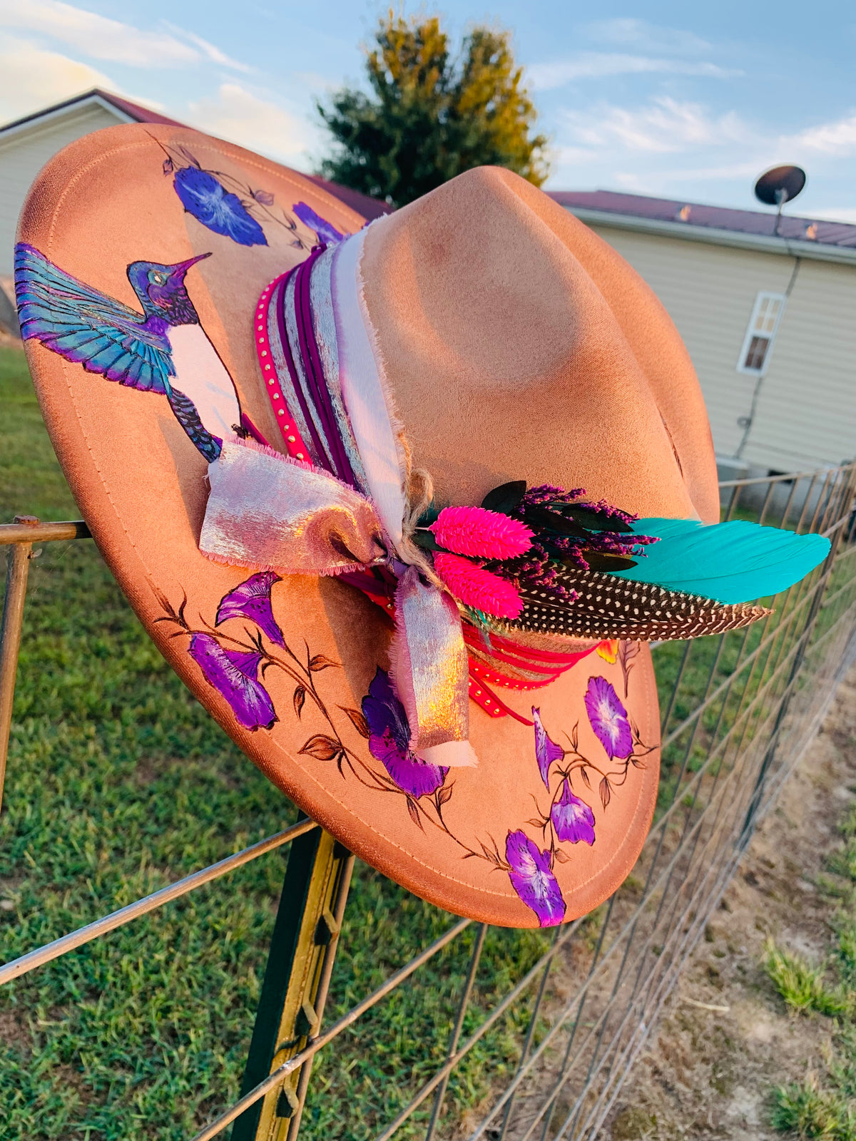 Hand Burned/Hand Painted Rancher Hat "Hummingbirds and Hibiscus" Design