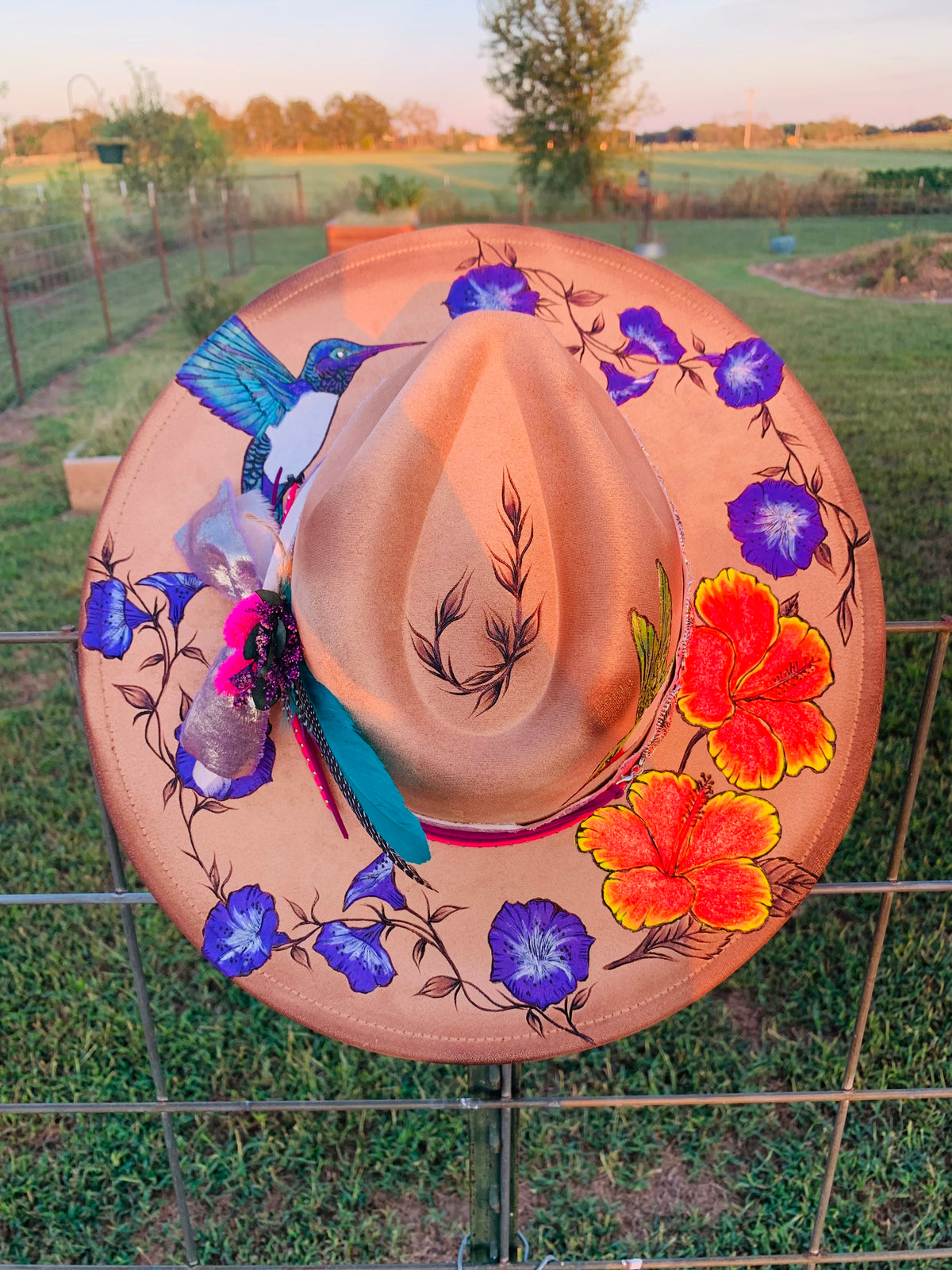 Hand Burned/Hand Painted Rancher Hat "Hummingbirds and Hibiscus" Design
