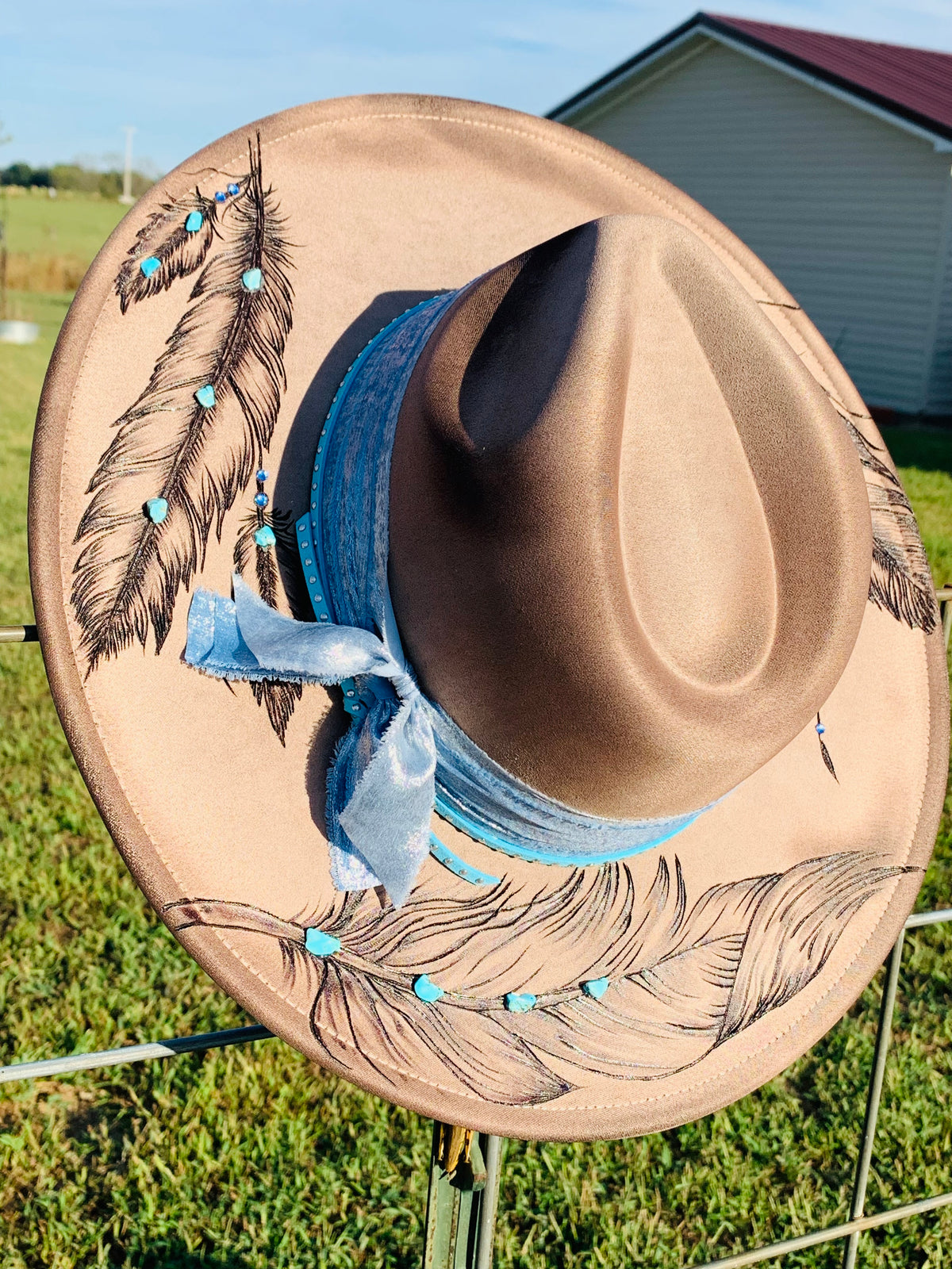 Hand Burned Rancher Hat with Feathers "Native Feathers"