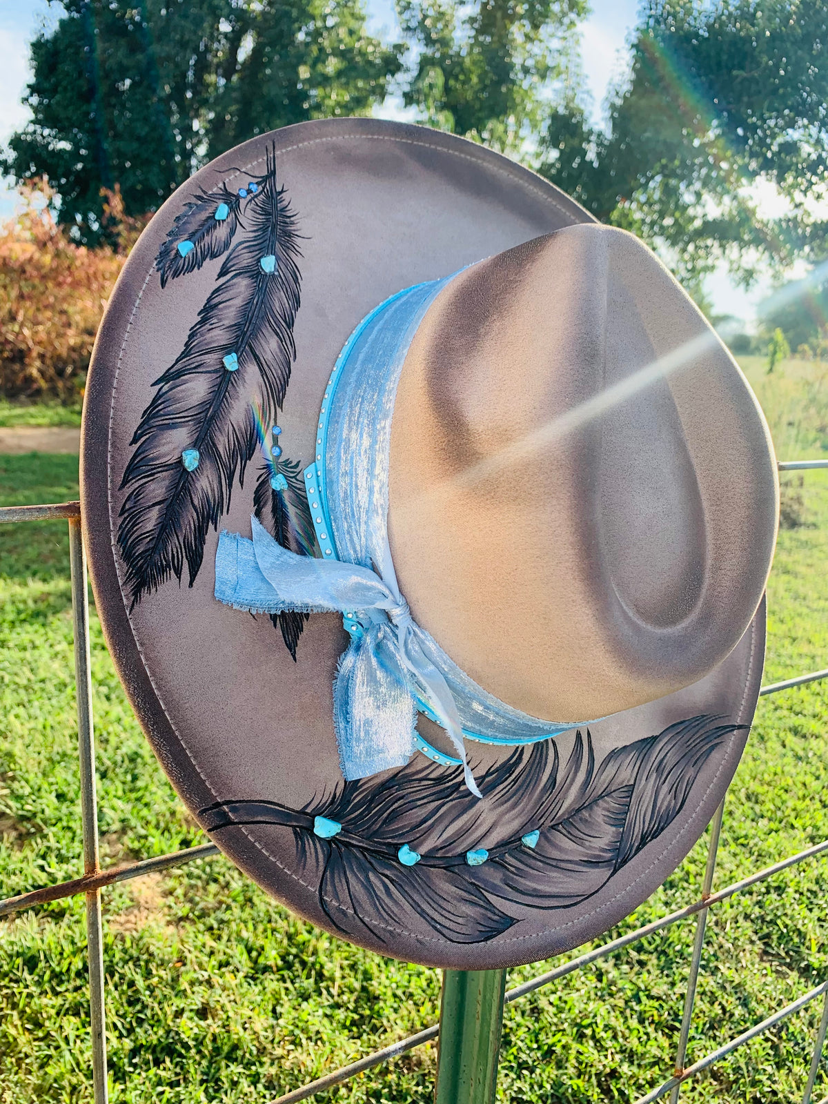 Hand Burned Rancher Hat with Feathers "Native Feathers"