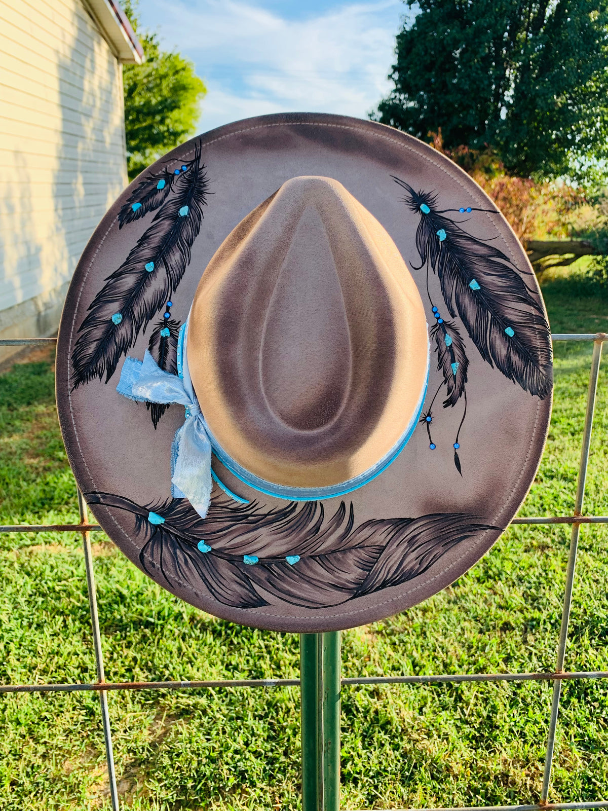 Hand Burned Rancher Hat with Feathers "Native Feathers"