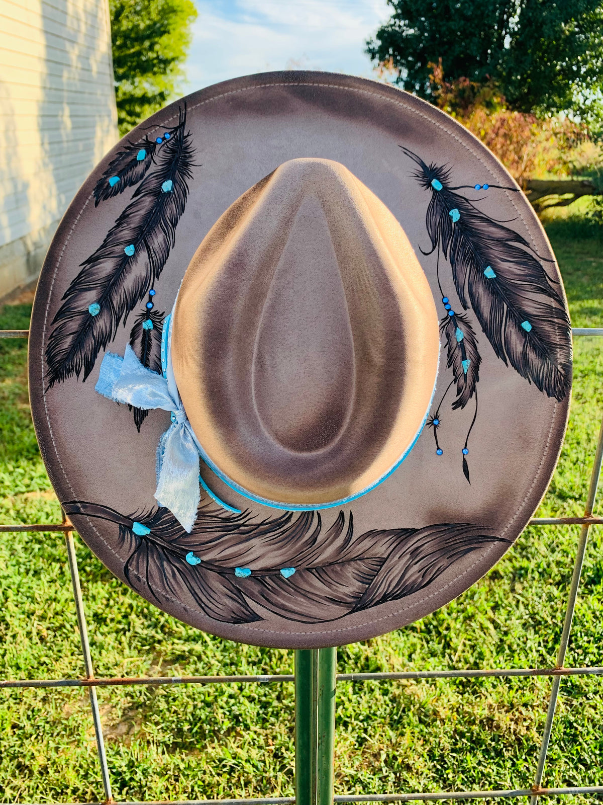 Hand Burned Rancher Hat with Feathers "Native Feathers"