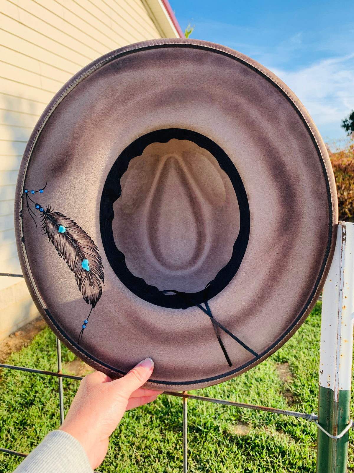 Hand Burned Rancher Hat with Feathers "Native Feathers"