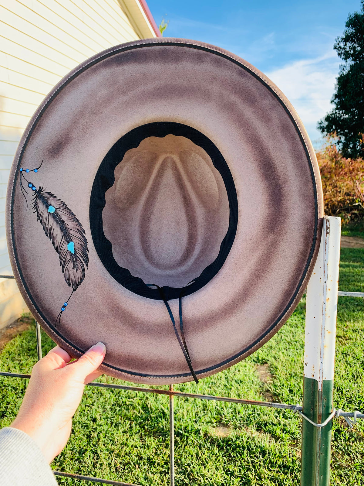 Hand Burned Rancher Hat with Feathers "Native Feathers"
