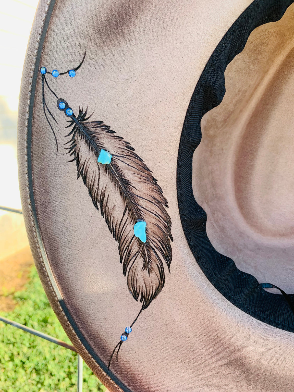 Hand Burned Rancher Hat with Feathers "Native Feathers"