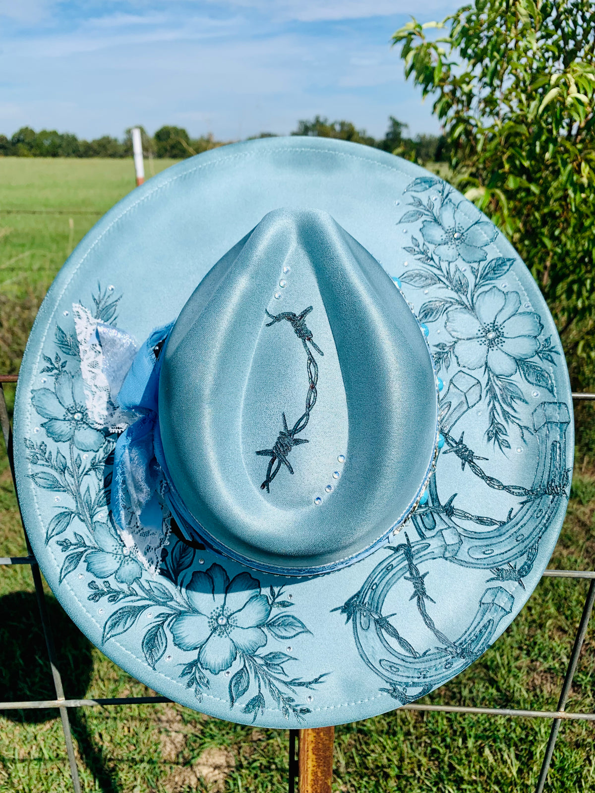 Hand Burned Rancher Hat "Horseshoes and Barbed Wire" Design