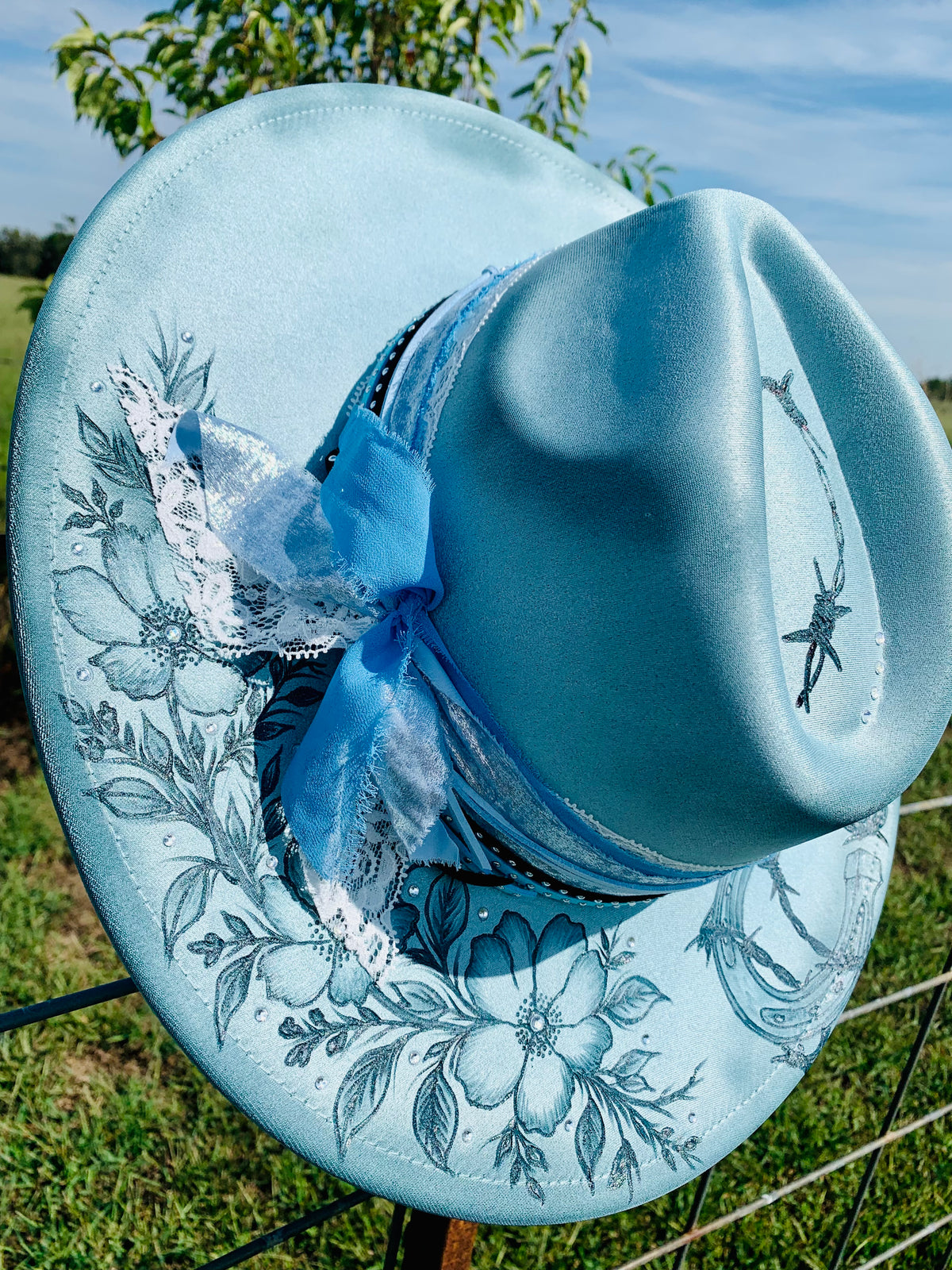 Hand Burned Rancher Hat "Horseshoes and Barbed Wire" Design