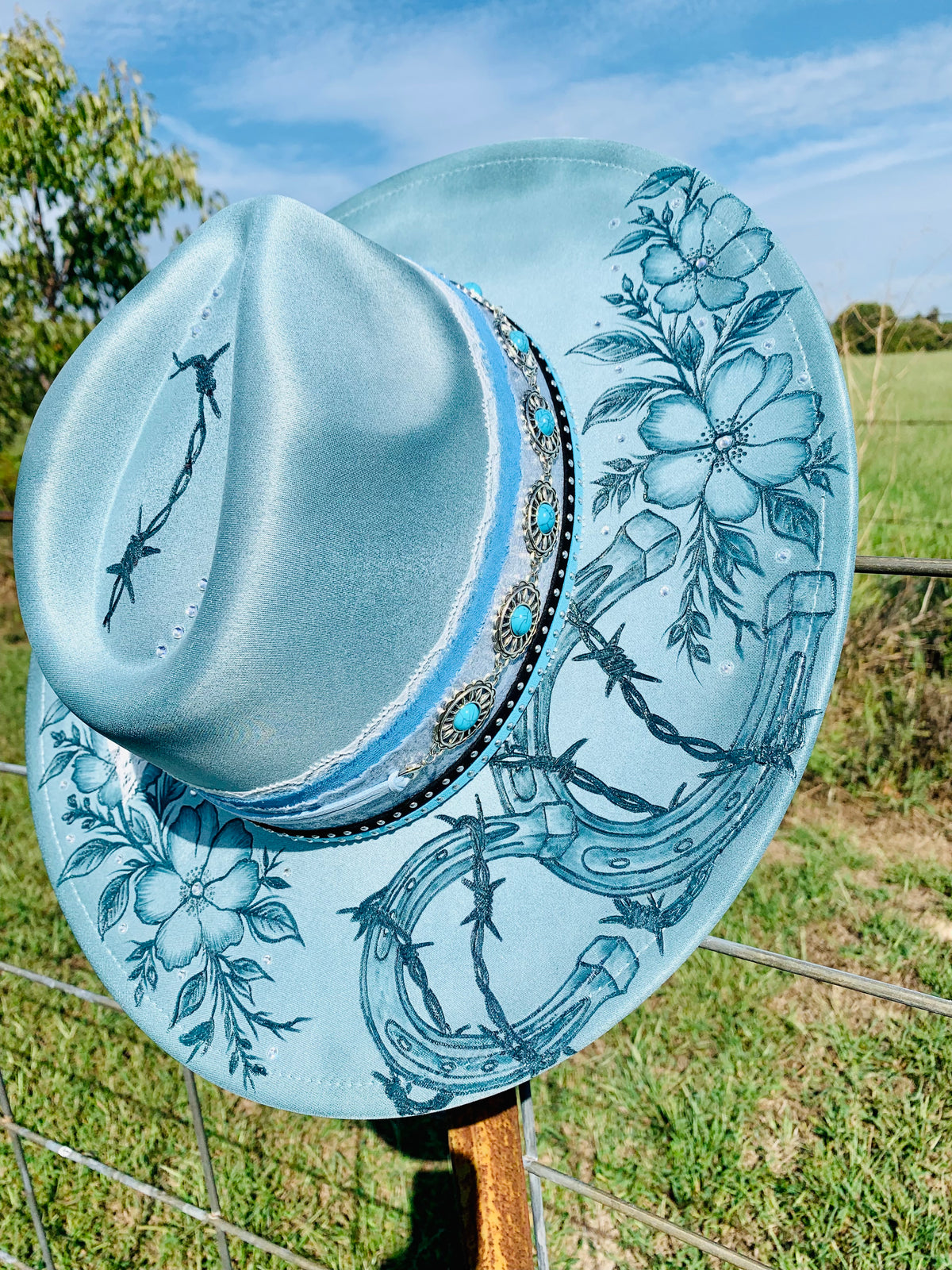 Hand Burned Rancher Hat "Horseshoes and Barbed Wire" Design