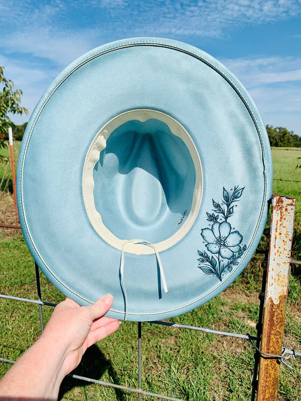 Hand Burned Rancher Hat "Horseshoes and Barbed Wire" Design