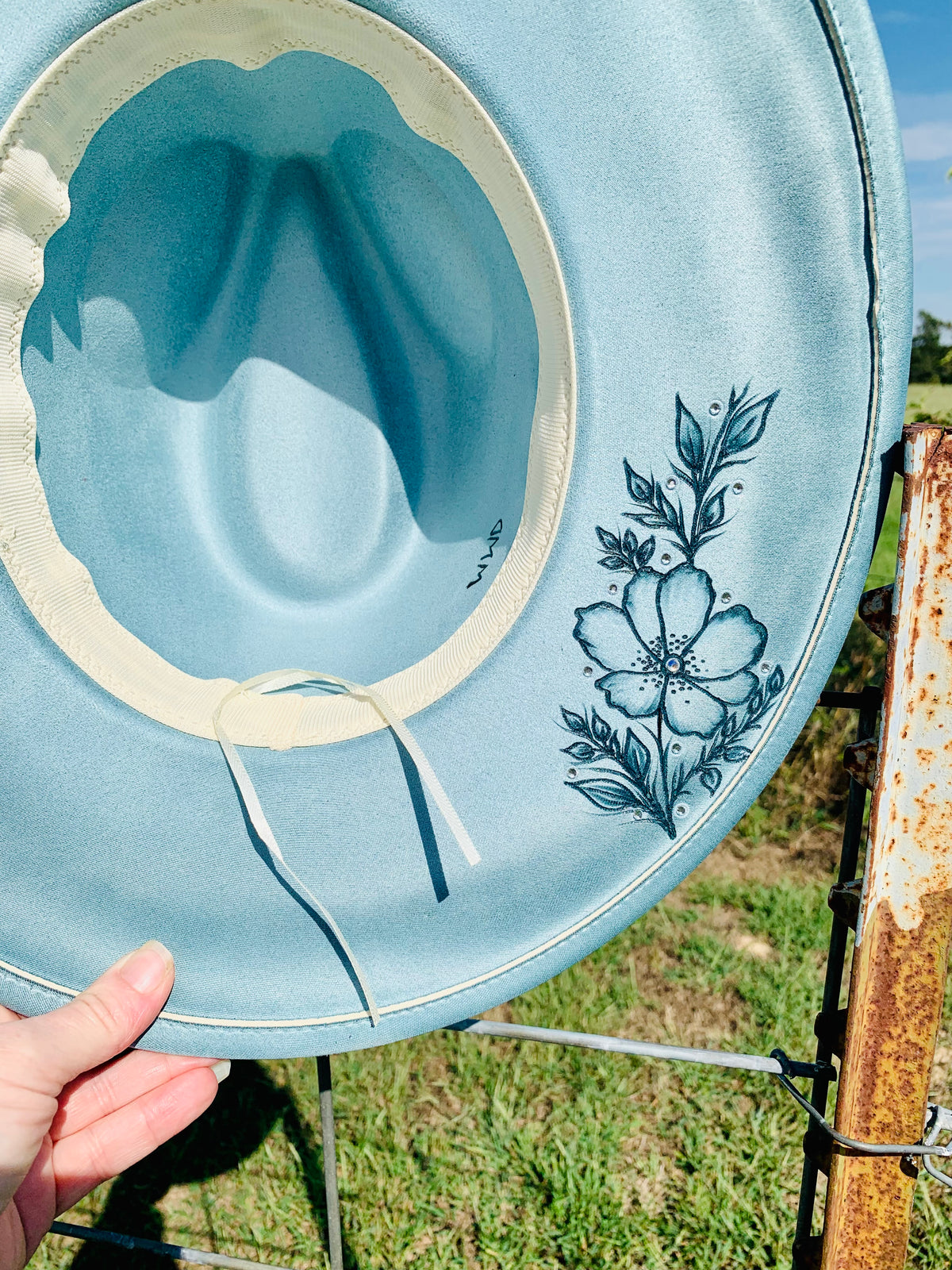 Hand Burned Rancher Hat "Horseshoes and Barbed Wire" Design