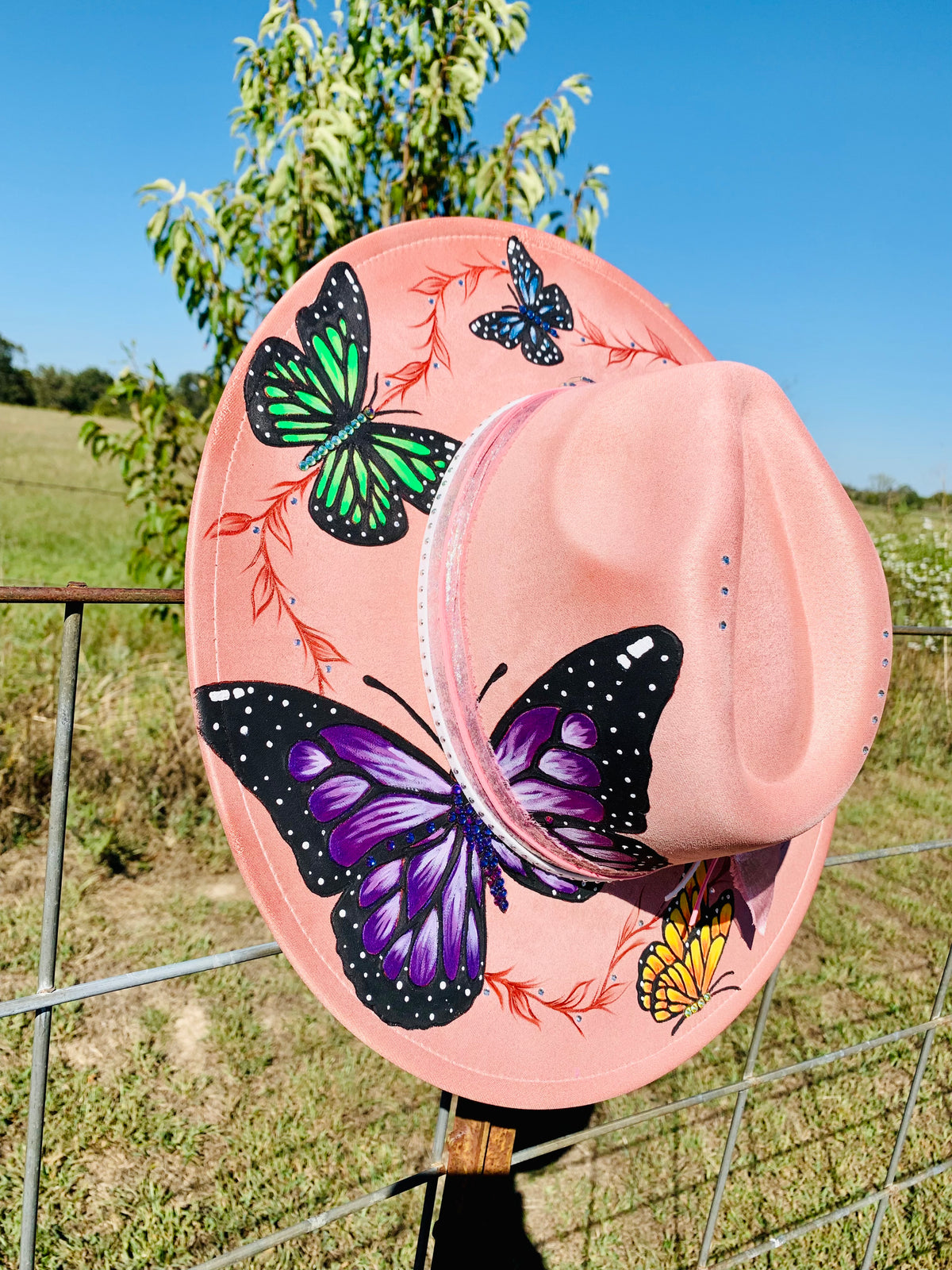 Hand Burned/Hand Painted Rancher Hat "Whimsical Butterflies" Design (Custom)