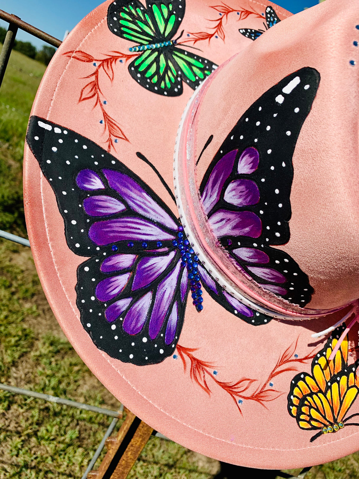 Hand Burned/Hand Painted Rancher Hat "Whimsical Butterflies" Design (Custom)