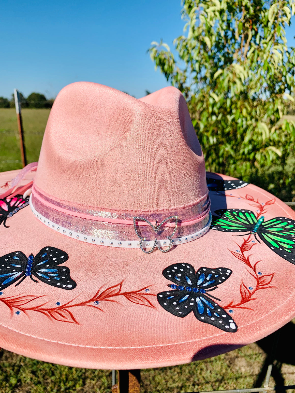 Hand Burned/Hand Painted Rancher Hat "Whimsical Butterflies" Design (Custom)