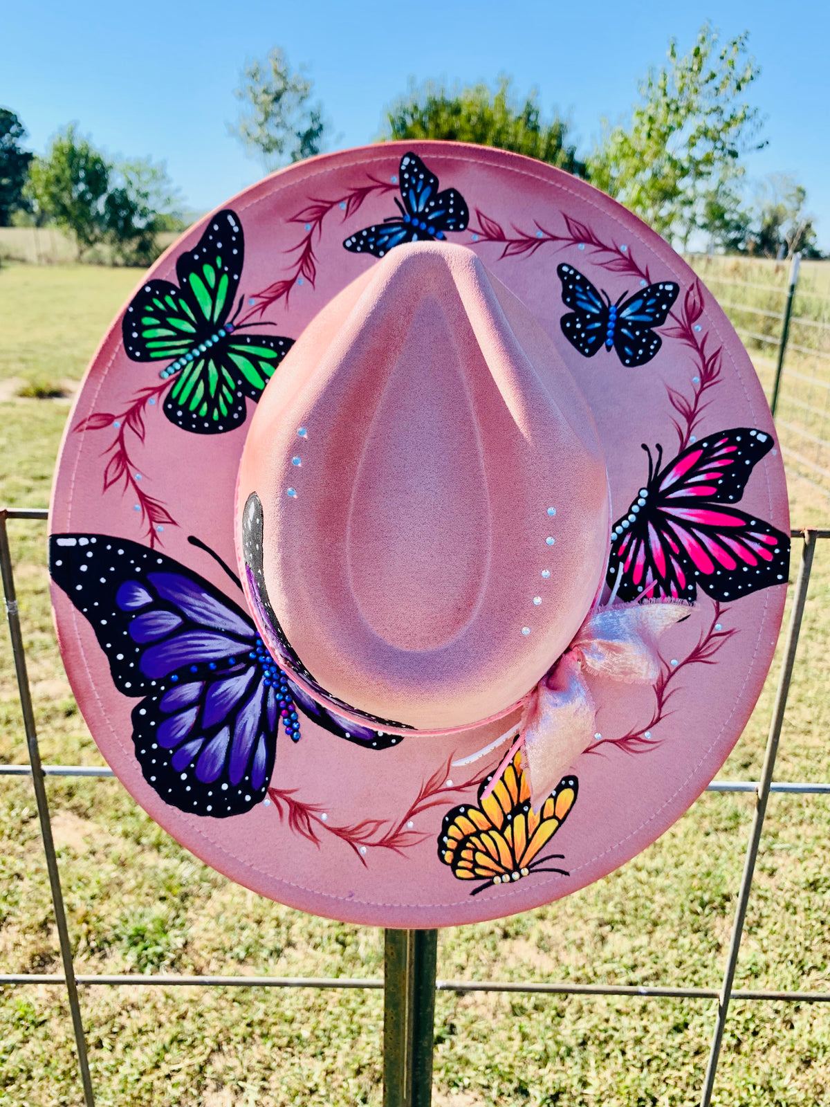 Hand Burned/Hand Painted Rancher Hat "Whimsical Butterflies" Design (Custom)