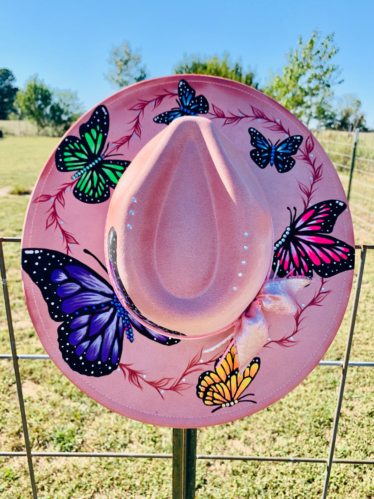 Hand Burned/Hand Painted Rancher Hat "Whimsical Butterflies" Design (Custom)