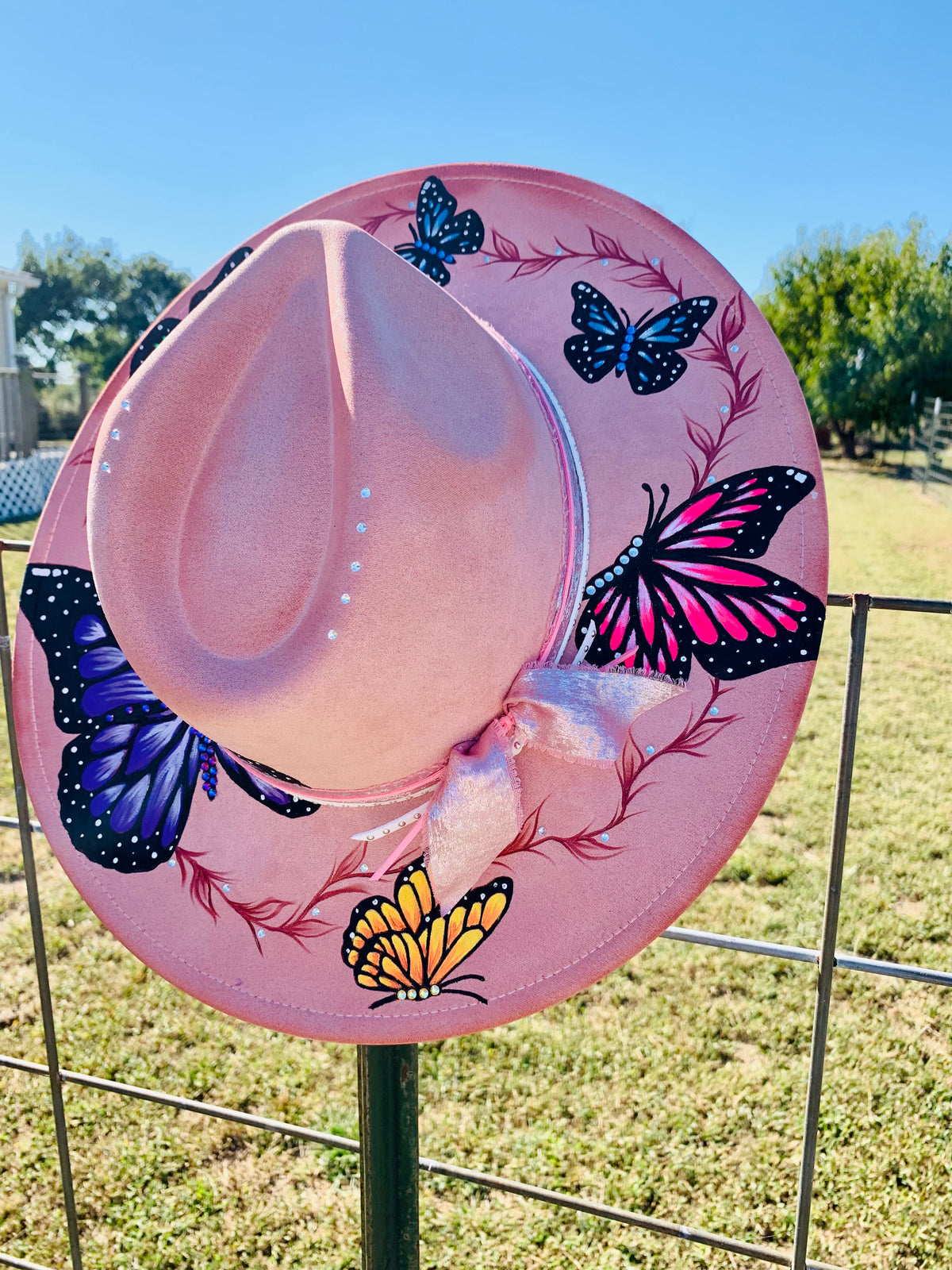 Hand Burned/Hand Painted Rancher Hat "Whimsical Butterflies" Design (Custom)