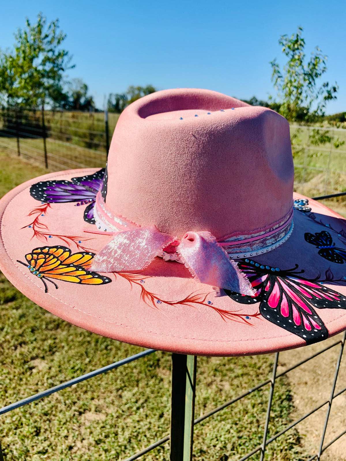 Hand Burned/Hand Painted Rancher Hat "Whimsical Butterflies" Design (Custom)