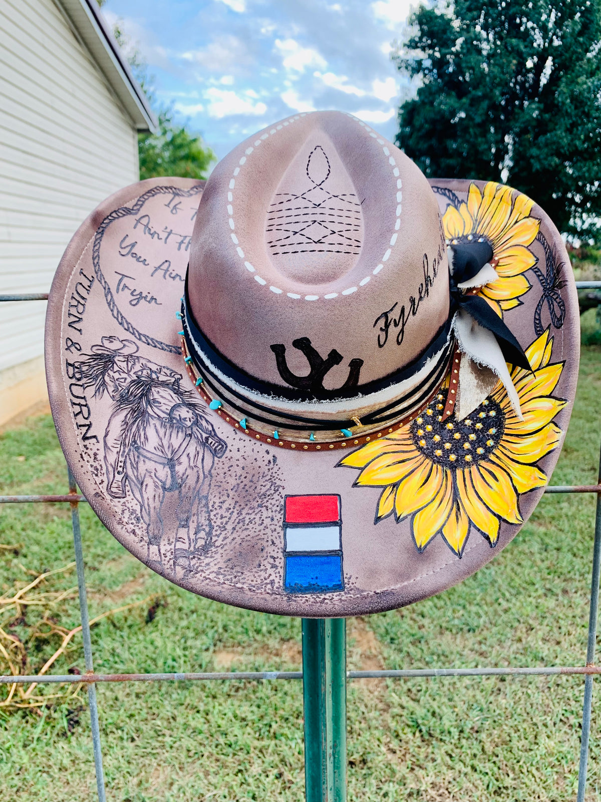 Hand Burned/Hand Painted Cowboy Hat "Barrel Racing" Design (Custom)