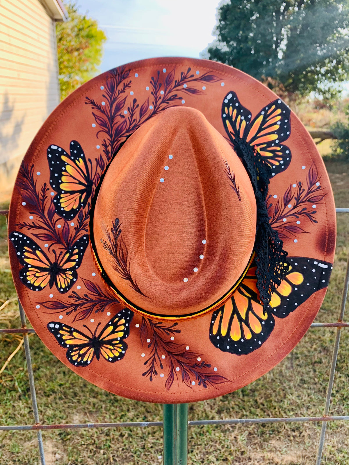 Hand Burned/Hand Painted Rancher Hat "Butterfly Effect" Design
