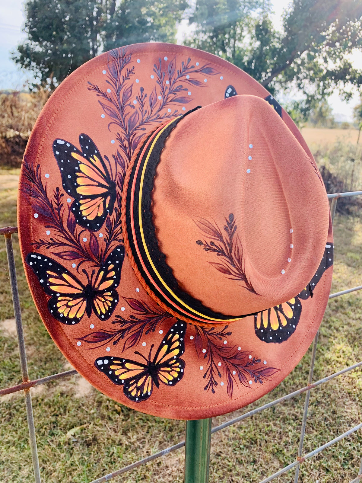 Hand Burned/Hand Painted Rancher Hat "Butterfly Effect" Design