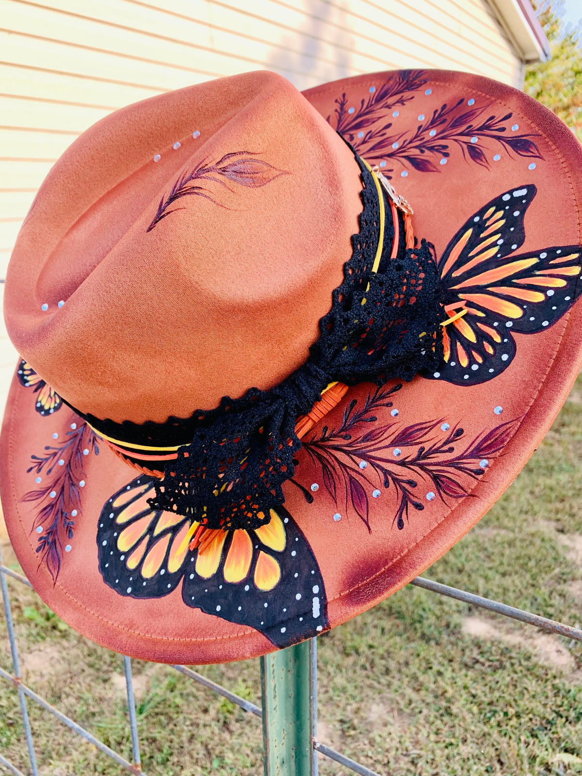 Hand Burned/Hand Painted Rancher Hat "Butterfly Effect" Design