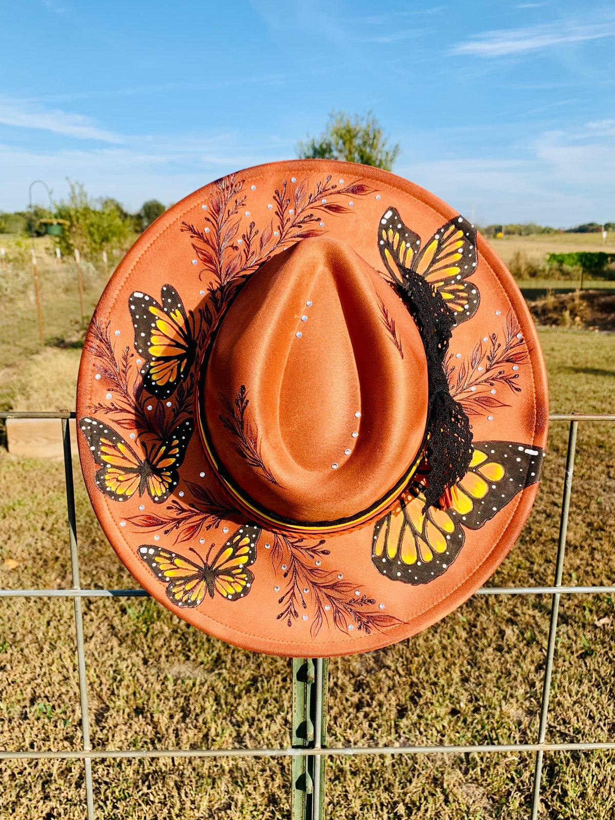 Hand Burned/Hand Painted Rancher Hat "Butterfly Effect" Design
