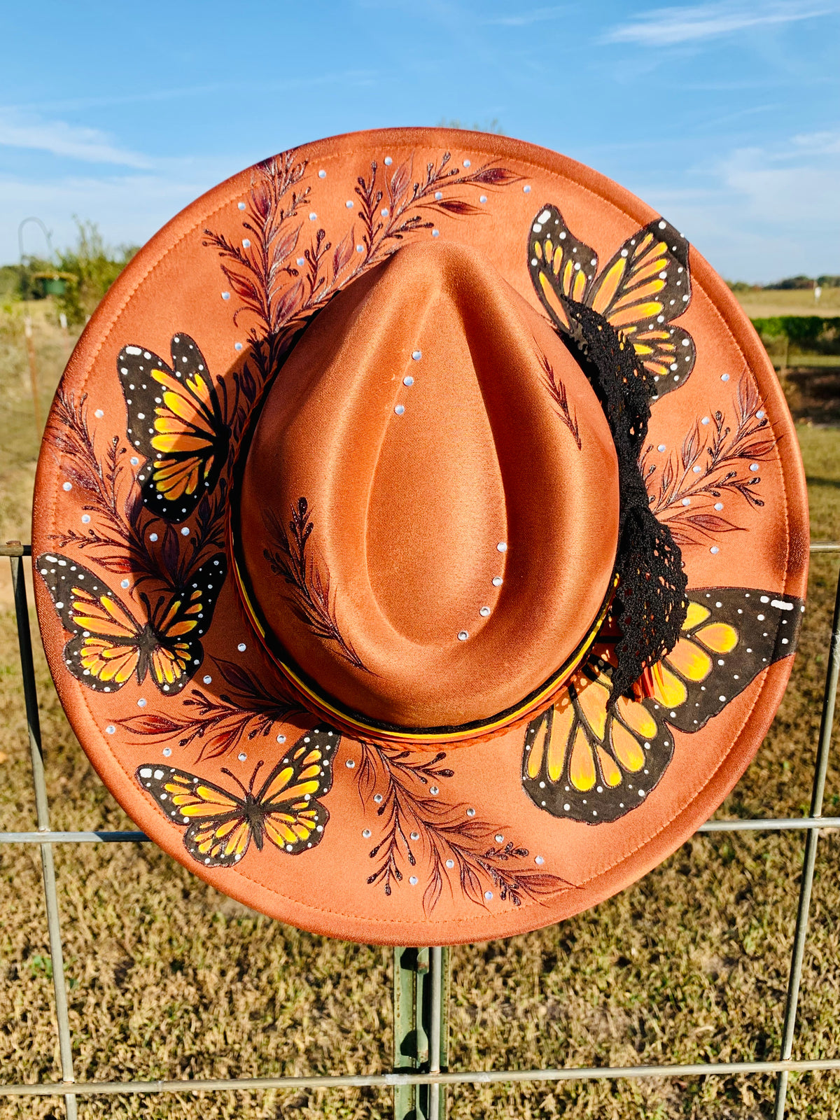 Hand Burned/Hand Painted Rancher Hat "Butterfly Effect" Design