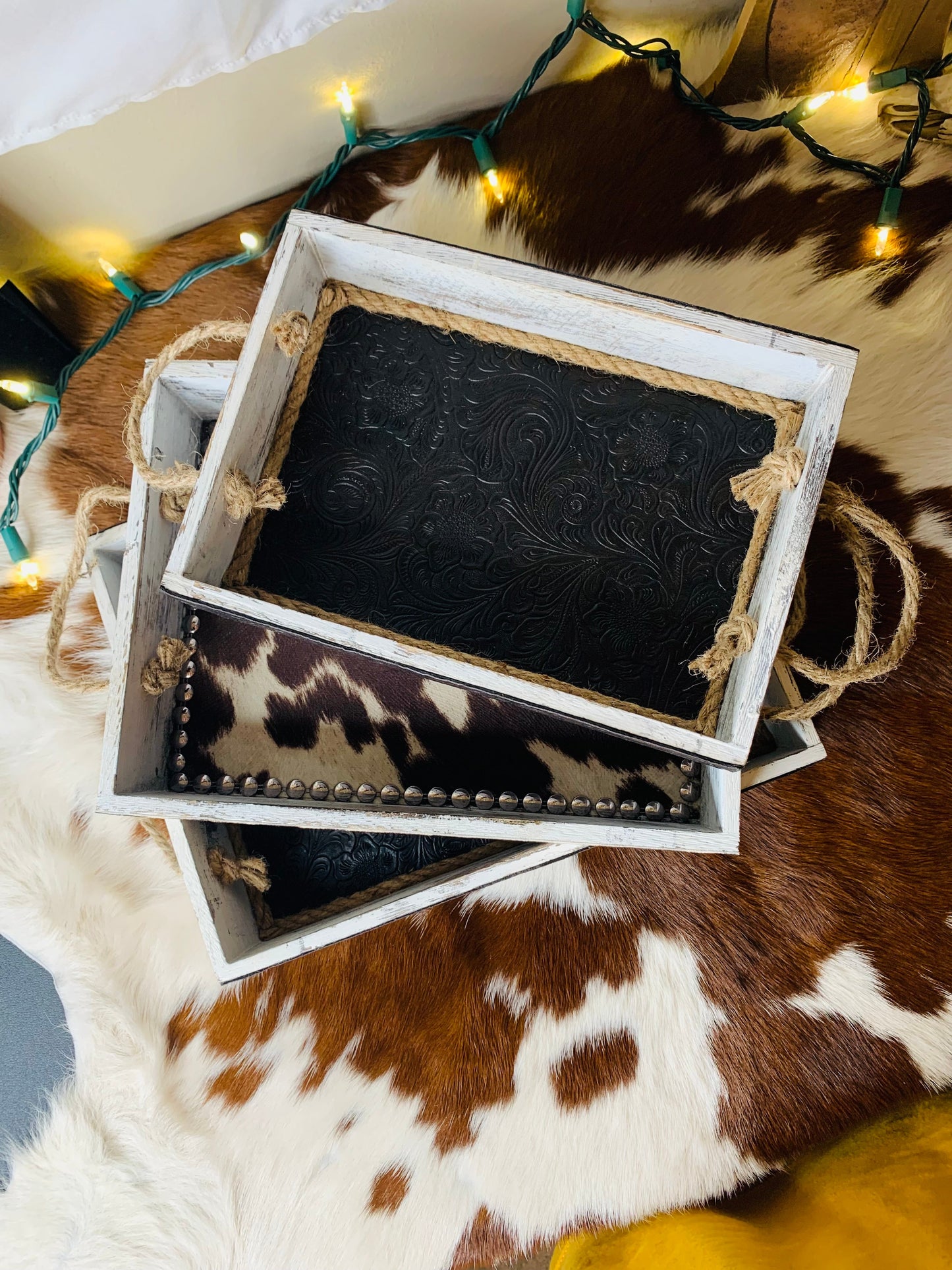 Set of 3 Faux Cowhide and Tooled Leather Trays Wild Western Dreams