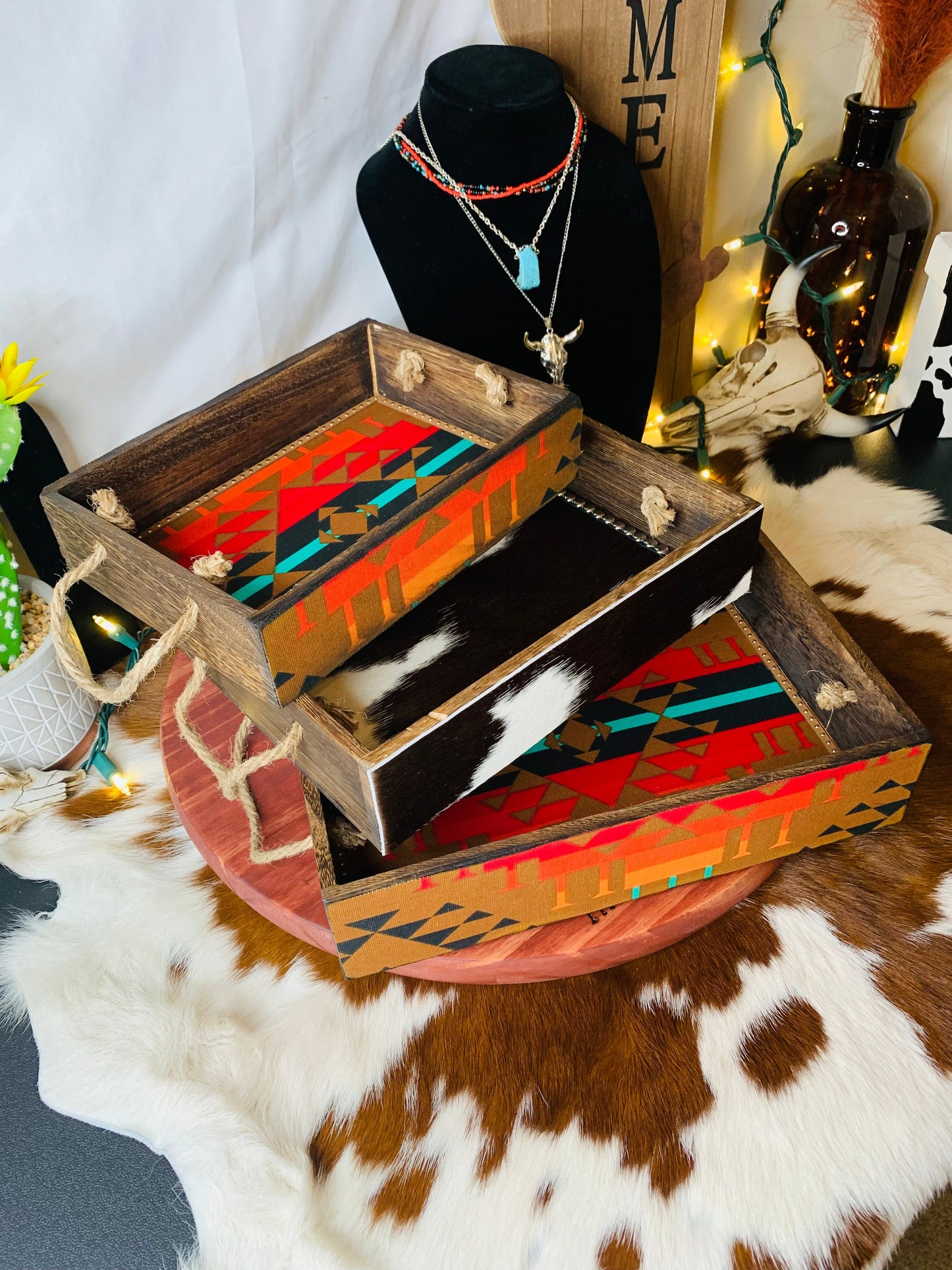 Set of 3 Southwest and Cowhide Tray's Wild Western Dreams