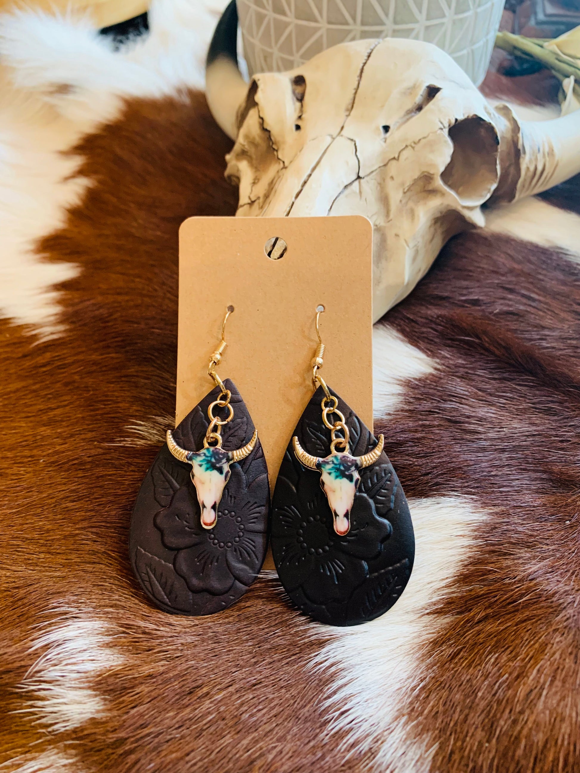 Tooled Leather Bull Skull Earrings Wild Western Dreams