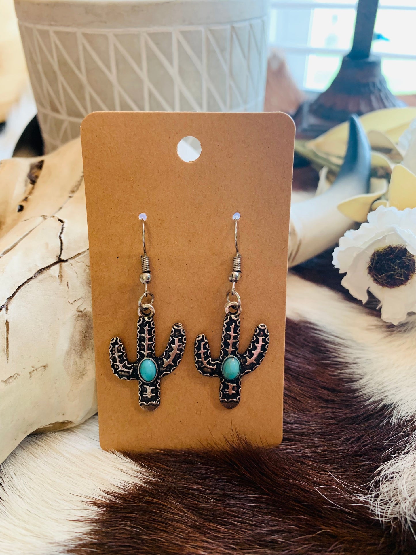 Turquoise Pearl Silver Cactus Earrings Wild Western Dreams