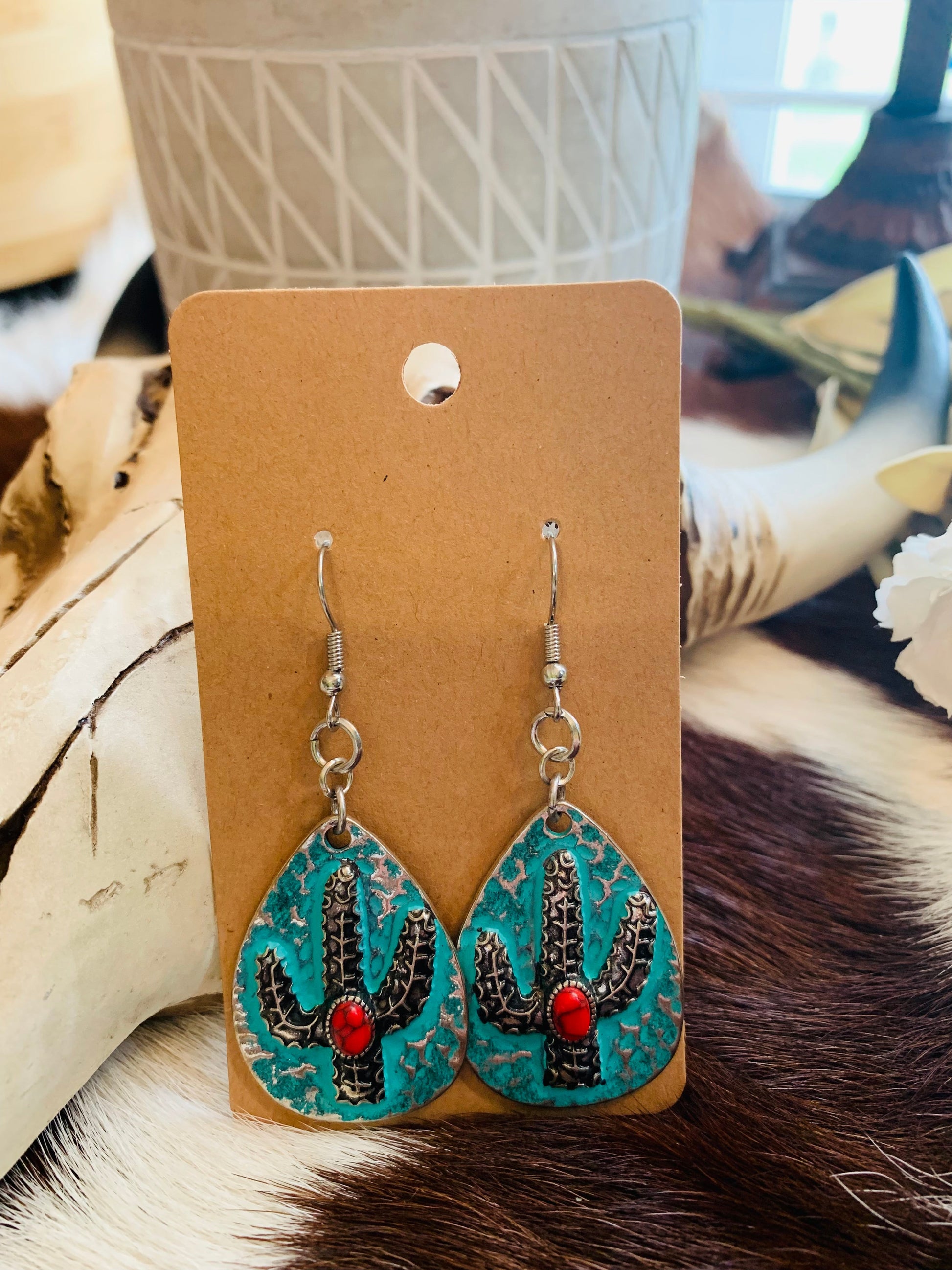 Turquoise Red Pearl Cactus Earrings Wild Western Dreams