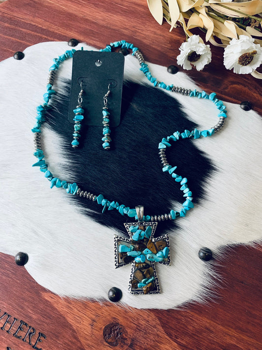 Turquoise Rock Cross Necklace & Earring Set Wild Western Dreams