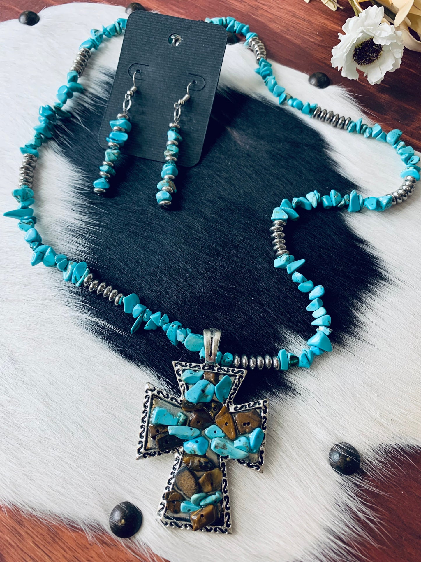 Turquoise Rock Cross Necklace & Earring Set Wild Western Dreams